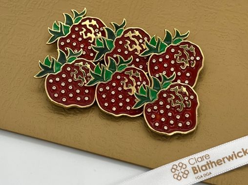 SOLD - Pre-owned 18ct gold, enamel and diamond Scottish strawberry brooches